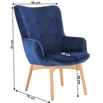Kreslo FODIL je kus nábytku, ktorý vdýchne domácnosti nádych elegancie a luxusu. Rozmery kresla sú (ŠxHxV): 66x76x93 cm. Výška sedu je 45 cm a hĺbka sedu je 49 cm. Čalúnené je kvalitnou látkou Velvet v modrej farbe. Dubové nohy krásne dotvárajú dizajn kresla. Ten je oživený dekoratívnymi gombíkmi.…