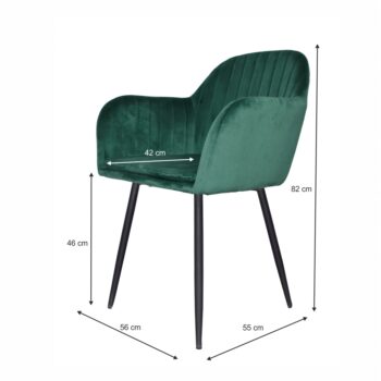 Pohodlie, luxus, kvalita. Tie vlastnosti v sebe ukrýva kreslo ZIRKON. Rozmery kresla sú (ŠxHxV): 56x55x82 cm. Výška sedu je 46 cm a hĺbka sedu je 42 cm. Čalúnené je kvalitnou látkou Velvet v smaragdovom prevedení. Nohy stoličky držia pevnú konštrukciu a sú z kovu v čiernej farbe. Dizajnové kreslo…