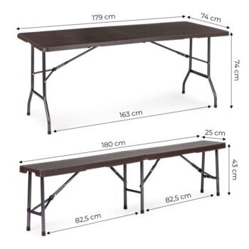 Kempingový set 180cm + 2 lavice v hnedej farbe