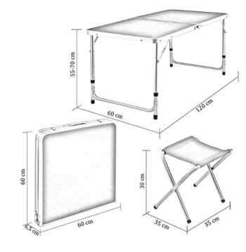 Kempingový stôl so 4 stoličkami v bielej farbe 120x60x70 cm