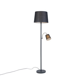 Klasická stojaca lampa čierna s čiernym tienidlom a lampou na čítanie - Retro