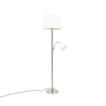 Klasická stojaca lampa oceľ s bielym tienidlom a lampou na čítanie - Retro