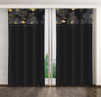 Klasický čierny záves s potlačou zlatých kvetov Šírka: 160 cm | Dĺžka: 250 cm