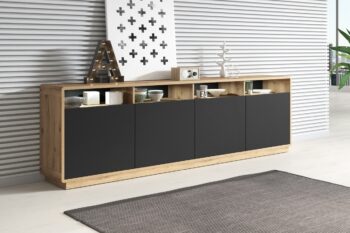 Elegantný sektorový nábytok ARTON je vhodný do moderných dizajnových priestorov. Vyznačuje sa kontrastnými farbami, zaoblenými hranami a pevnou konštrukciou. Sektor ARTON je vyrobený z kvalitnej certifikovanej drevotriesky, ktorá je odolná voči škrabancom a UV žiareniu. Do výklenkov je možnosť doobjednať si LED osvetlenie. Komoda ARTON 25 je moderný kúsok nábytku pre ľudí, ktorí potrebujú veľký úložný priestor. Komoda je vybavený štyrmi otvorenými policami na ktoré môžeme umiestnuť doplnky , ktoré dodajú interiéru štýlový vzhľad.  Materiál: LTD, zaoblené rohy s MDFFarebné prevedenie: taurus/čierny matRozmer: (ŠxVxH) 238 x 74 x 40 cmNábytok je dodávaný v demonte.