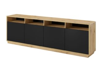 Elegantný sektorový nábytok ARTON je vhodný do moderných dizajnových priestorov. Vyznačuje sa kontrastnými farbami, zaoblenými hranami a pevnou konštrukciou. Sektor ARTON je vyrobený z kvalitnej certifikovanej drevotriesky, ktorá je odolná voči škrabancom a UV žiareniu. Do výklenkov je možnosť doobjednať si LED osvetlenie. Komoda ARTON 25 je moderný kúsok nábytku pre ľudí, ktorí potrebujú veľký úložný priestor. Komoda je vybavený štyrmi otvorenými policami na ktoré môžeme umiestnuť doplnky , ktoré dodajú interiéru štýlový vzhľad.  Materiál: LTD, zaoblené rohy s MDFFarebné prevedenie: taurus/čierny matRozmer: (ŠxVxH) 238 x 74 x 40 cmNábytok je dodávaný v demonte.