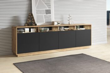 Elegantný sektorový nábytok ARTON je vhodný do moderných dizajnových priestorov. Vyznačuje sa kontrastnými farbami, zaoblenými hranami a pevnou konštrukciou. Sektor ARTON je vyrobený z kvalitnej certifikovanej drevotriesky, ktorá je odolná voči škrabancom a UV žiareniu. Do výklenkov je možnosť doobjednať si LED osvetlenie. Komoda ARTON 25 je moderný kúsok nábytku pre ľudí, ktorí potrebujú veľký úložný priestor. Komoda je vybavený štyrmi otvorenými policami na ktoré môžeme umiestnuť doplnky , ktoré dodajú interiéru štýlový vzhľad.  Materiál: LTD, zaoblené rohy s MDFFarebné prevedenie: taurus/čierny matRozmer: (ŠxVxH) 238 x 74 x 40 cmNábytok je dodávaný v demonte.