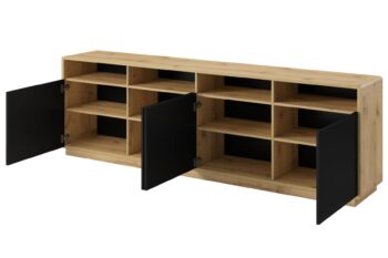 Elegantný sektorový nábytok ARTON je vhodný do moderných dizajnových priestorov. Vyznačuje sa kontrastnými farbami, zaoblenými hranami a pevnou konštrukciou. Sektor ARTON je vyrobený z kvalitnej certifikovanej drevotriesky, ktorá je odolná voči škrabancom a UV žiareniu. Do výklenkov je možnosť doobjednať si LED osvetlenie. Komoda ARTON 25 je moderný kúsok nábytku pre ľudí, ktorí potrebujú veľký úložný priestor. Komoda je vybavený štyrmi otvorenými policami na ktoré môžeme umiestnuť doplnky , ktoré dodajú interiéru štýlový vzhľad.  Materiál: LTD, zaoblené rohy s MDFFarebné prevedenie: taurus/čierny matRozmer: (ŠxVxH) 238 x 74 x 40 cmNábytok je dodávaný v demonte.