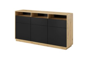 Elegantný sektorový nábytok ARTON je vhodný do moderných dizajnových priestorov. Vyznačuje sa kontrastnými farbami, zaoblenými hranami a pevnou konštrukciou. Sektor ARTON je vyrobený z kvalitnej certifikovanej drevotriesky, ktorá je odolná voči škrabancom a UV žiareniu. Do výklenkov je možnosť doobjednať si LED osvetlenie. Komoda ARTON 26 je priestraný kus nábytku, ktorý vďaka fenomenálnym farbám získava mnoho priaznivcov. Komoda má troje dvierka, tri zásuvky a tri výklenky, kde si pohodlne uložíte všetky svoje predmety. Materiál: LTD, zaoblené rohy s MDFFarebné prevedenie: taurus/čierny matRozmer: (ŠxVxH) 180 x 95 x 40 cmNábytok je dodávaný v demonte.