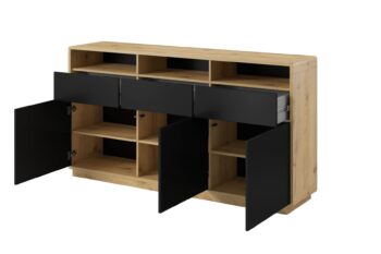 Elegantný sektorový nábytok ARTON je vhodný do moderných dizajnových priestorov. Vyznačuje sa kontrastnými farbami, zaoblenými hranami a pevnou konštrukciou. Sektor ARTON je vyrobený z kvalitnej certifikovanej drevotriesky, ktorá je odolná voči škrabancom a UV žiareniu. Do výklenkov je možnosť doobjednať si LED osvetlenie. Komoda ARTON 26 je priestraný kus nábytku, ktorý vďaka fenomenálnym farbám získava mnoho priaznivcov. Komoda má troje dvierka, tri zásuvky a tri výklenky, kde si pohodlne uložíte všetky svoje predmety. Materiál: LTD, zaoblené rohy s MDFFarebné prevedenie: taurus/čierny matRozmer: (ŠxVxH) 180 x 95 x 40 cmNábytok je dodávaný v demonte.