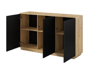 Elegantný sektorový nábytok ARTON je vhodný do moderných dizajnových priestorov. Vyznačuje sa kontrastnými farbami, zaoblenými hranami a pevnou konštrukciou. Sektor ARTON je vyrobený z kvalitnej certifikovanej drevotriesky, ktorá je odolná voči škrabancom a UV žiareniu. Do výklenkov je možnosť doobjednať si LED osvetlenie. Komoda ARTON 43 má troje dvierka za ktorými sa nachádzajú police.Materiál: LTD, zaoblené rohy s MDFFarebné prevedenie: taurus/čierny matRozmer: (ŠxVxH) 160 x 74 x 40 cmNábytok je dodávaný v demonte.