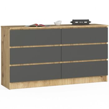 Komoda MELLOOW140: Moderná kombinácia duba Artisan a grafitu MELLOOW140 je luxusným kúskom nábytku, ktorý dokonale kombinuje prírodný vzhľad duba Artisan s moderným a striedmym grafitom. Je ideálny pre tých, ktorí hľadajú praktickosť spojenú s výrazným dizajnom.  Typ tovaru: Komoda, skrinka - ideálna pre tých, ktorí chcú kombinovať estetiku s funkciou Miestnosť: Perfektne sa hodí do spální i obývacích izieb, kde upúta pozornosť a zároveň ponúkne praktický úložný priestor Materiál: LTD - odolný materiál s dlhou životnosťou, zaisťujúci stálosť a pevnosť produktu Rozmer: 77 x 138 x 40 cm - priestranná, avšak kompaktná, ľahko sa zmestí do rôznych priestorov Farba: Elegantná kombinácia duba Artisan s chladným grafitom Vybavenie: 6 priestranných zásuviek a ďalšie úložné možnosti pre maximálne využitie priestoru  Zvoľte MELLOOW140, ak si prajete spojiť kvalitu, dizajn a funkčnosť v jednom produkte. Je to komoda, ktorá vás nesklame ani v náročných podmienkach každodenného používania.