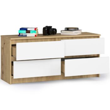 Komoda OTILIE120: Elegantná kombinácia duba Artisan a bielej Moderný nábytok, ktorý kombinuje klasické tóny s aktuálnymi trendmi? Predstavujeme vám OTILIE120 – komodu, ktorá spája farebný kontrast duba Artisan a čisté biele.  Typ tovaru: Komoda, skrinka Miestnosť: Ideálna voľba pre spálne aj obývacie izby Materiál: LTD – garantuje dlhú životnosť a jednoduchú údržbu  Rozmer: 55 x 120 x 40 cm – praktická veľkosť, ktorá ponúka dostatok úložného priestoru Farba: Elegantná kombinácia duba Artisan a bielej, ktorá sa stane stredom pozornosti vášho interiéru Vybavenie: 4 priestranné zásuvky na uskladnenie osobných vecí  Vďaka svojej farebnej kombinácii a funkčnému dizajnu je komoda OTILIE120 ideálnym doplnkom pre rôzne štýly bývania. Jej štyri zásuvky poskytujú dostatok miesta pre všetko potrebné, či už ide o knihy, oblečenie alebo iné predmety.