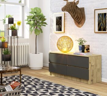 Komoda TIMON120: Spojenie duba Artisan s grafitom Hľadáte modernú komodu, ktorá bude slúžiť nielen ako štýlový doplnok vášho bývania, ale zároveň vám poskytne dostatok úložného priestoru? TIMON120 je komoda a skrinka v jednom, ktorá splní všetky vaše požiadavky.  Typ tovaru: Komoda, skrinka Miestnosť: Dokonale sa hodí do spálne aj obývacej izby Materiál: Kvalitný a odolný LTD Rozmer:  55 x 120 x 40 cm - ideálne rozmery pre každú miestnosť Farba: Elegantná kombinácia duba Artisan s grafitom Vybavenie:  4 priestranné zásuvky a praktické dvierka plné pre ešte viac úložného priestoru  Dezén duba Artisan v kombinácii s grafitom dodáva komode TIMON120 jedinečný vzhľad, ktorý oživí každý interiér. Vďaka kombinácii zásuviek a dvierok ponúka tento kúsok nábytku nielen efektívne úložné riešenie, ale aj estetický zážitok.