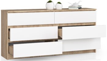 Komoda TOM160: Moderná kombinácia duba Sonoma a bielej farby Typ a dizajn: TOM160 je štýlová komoda a skrinka, ktorej dizajn kombinuje pokojnú eleganciu duba Sonoma s čistotou bielej farby. Materiál: Vyrobené z kvalitného LTD, táto komoda vám poskytne trvanlivý a odolný kus nábytku do vašej domácnosti. Rozmery: S kompaktnými rozmermi 77 x 160 x 40 cm je TOM160 ideálne riešenie pre tých, ktorí hľadajú priestranný, ale kompaktný úložný priestor. Farba : Moderná kombinácia dubu Sonoma a bielej dodá vášmu interiéru svieži a súčasný vzhľad. Vybavenie: S 6 zásuvkami a ďalším úložným priestorom ponúka TOM160 dostatok miesta na usporiadanie vecí. Odporúčané umiestnenie:  Spálňa: Ideálna pre ukladanie oblečenia, doplnkov a osobných potrieb. Obývacia izba: Skvelé na uloženie kníh, multimediálnych zariadení alebo dekoračných predmetov.