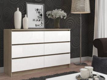 Komoda TOM160: Moderná kombinácia duba Sonoma a bielej farby Typ a dizajn: TOM160 je štýlová komoda a skrinka, ktorej dizajn kombinuje pokojnú eleganciu duba Sonoma s čistotou bielej farby. Materiál: Vyrobené z kvalitného LTD, táto komoda vám poskytne trvanlivý a odolný kus nábytku do vašej domácnosti. Rozmery: S kompaktnými rozmermi 77 x 160 x 40 cm je TOM160 ideálne riešenie pre tých, ktorí hľadajú priestranný, ale kompaktný úložný priestor. Farba : Moderná kombinácia dubu Sonoma a bielej dodá vášmu interiéru svieži a súčasný vzhľad. Vybavenie: S 6 zásuvkami a ďalším úložným priestorom ponúka TOM160 dostatok miesta na usporiadanie vecí. Odporúčané umiestnenie:  Spálňa: Ideálna pre ukladanie oblečenia, doplnkov a osobných potrieb. Obývacia izba: Skvelé na uloženie kníh, multimediálnych zariadení alebo dekoračných predmetov.