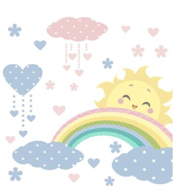 Krásna nálepka na stenu v pastelových farbách slniečko dúha a mraky 60 x 120 cm