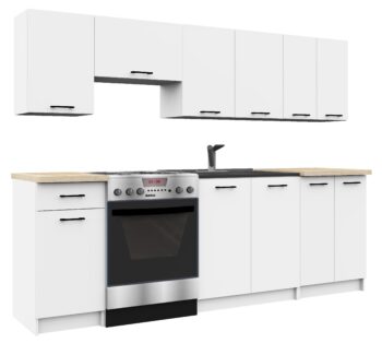 Kuchynská linka COOK240 Ak hľadáte priestrannú a elegantnú kuchynskú linku, ktorá perfektne zapadne do vašej kuchyne, COOK240 je tým pravým riešením pre vás.  Typ: Kuchynská linka Materiál: LTD Rozmery: 203 x 240 x 46 cm Farba: Biela Tvar: Obdĺžnikový, rovný Vybavenie : 1 zásuvka a metalbox Šírka: 240 cm Počet políc: 12 < /ul> COOK240 ponúka skvelú kombináciu dizajnu a funkcionalitu. S dvanástimi policami a praktickou zásuvkou metalbox máte dostatok miesta na uskladnenie všetkých vašich kuchynských náčiní a riadu. Vyrábaná z kvalitného materiálu LTD, táto kuchynská linka vám poslúži dlhé roky. Moderný biely dizajn sa skvele hodí do väčšiny interiérov, čo z nej robí ideálnu voľbu pre tých, ktorí si chcú vytvoriť štýlovú a funkcionalitu kuchyňu.