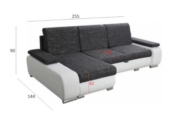 Sedačka LADA patrí medzi menšie rohové sedačky. Jednoduché línie sedačky sú doplnené elegantným zaoblením a štýlovými lesklými nožičkami. Kombinácia látok a farieb umocňuje celkový vzhľad a dodáva mu jedinečnosť. Vyššie opierky chrba zaručia pohodlné sedenie.Sedačka maximálne využíva priestor, čo ocení každý majiteľ. V spodnej časti nájdete 2 praktické úložné priestory s rozmerom 130 x 63 x 21 cm a 131 x 61x 21 cm. Za pomoci mechanizmu MOSS, získate praktickú ložnú plochu s rozmerom 140 x 203 cm, vhodnú na príležitostné spanie.Pohodlie pri oddychu a leňošení zaručí kombinácia bonellovej pružiny a PUR peny typu T30. Sedačka je čalúnená kombináciou eko-kože Madryt 1100 a látky Kronos 04. Prevedenie nôh sedačky je metal chrom, ich výška je 5 cm.Celkové rozmery (š/v/h): 255 x 90 x 144 cm. Výška bez opierok je 75 cm, hĺbka sedenia je 55 cm, výška sedenia je 42 cm. Prevedenie rohu je univerzálne, takže priamo na mieste si viete zvoliť sedačku s ľavým/pravým rohom.