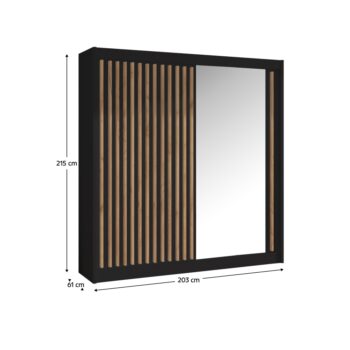Predstavujeme vám modernú šatníkovú skriňu s posuvnými dverami Ladder 203 v elegantnom farebnom prevedení čierna a dub craft. Táto skriňa je ideálnym riešením pre tých, ktorí hľadajú praktický a štýlový úložný priestor do svojho interiéru.