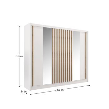 Šatníková skriňa s posuvnými dverami Ladder 250 v elegantnom prevedení biela/dub craft je ideálnym riešením pre moderné interiéry. Táto priestranná skriňa s rozmermi 250 cm na šírku, 215 cm na výšku a 61 cm do hĺbky ponúka dostatok úložného priestoru pre vaše oblečenie a doplnky…