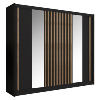 Šatníková skriňa s posuvnými dverami Ladder 250 v elegantnej kombinácii čiernej a dubu craft je ideálnym riešením pre moderné interiéry. Táto priestranná skriňa s rozmermi 250 cm na šírku, 215 cm na výšku a 61 cm do hĺbky ponúka dostatok úložného priestoru pre vaše oblečenie a doplnky.