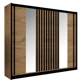 Šatníková skriňa s posuvnými dverami Ladder 250 v elegantnom prevedení dub craft a čierna je ideálnym riešením pre moderné interiéry. Táto priestranná skriňa s rozmermi 250 cm na šírku, 215 cm na výšku a 61 cm do hĺbky ponúka dostatok úložného priestoru pre vaše oblečenie a doplnky.