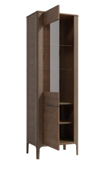 Vysoká vitrína LAKE je perfektnou voľbou pre tých, ktorí chcú svoj interiér obohatiť o elegantný a praktický kus nábytku. Táto vitrína je vyrobená z masívneho dreva vo farbe tmavého orecha, čo jej dodáva sofistikovaný a nadčasový vzhľad.Vitrína disponuje dvoma dvierkami - jedny sú presklené, ideálne pre vystavenie vašich najcennejších kúskov, a druhé plné, poskytujúce diskrétny úložný priestor. Vnútri nájdete dve sklenené poličky a dve drevené poličky, ktoré ponúkajú dostatok priestoru pre vaše veci.Rozmery vitríny sú výška 195 cm, šírka 64 cm a hĺbka 42 cm, čo zaisťuje, že nezaberie príliš veľa miesta, ale ponúkne dostatok úložného priestoru. Stojí na elegantných nožičkách a otváranie je vľavo.Dodajte svojmu domovu štýl a funkčnosť s touto nádhernou vitrínou!Dodávame v demontovanom stave.