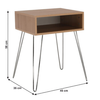Nočný stolík Lamej v elegantnom prevedení dub a chróm je ideálnym doplnkom do vašej spálne. Tento moderný kus nábytku od značky KONDELA kombinuje funkčnosť s estetickým vzhľadom, čím prispieva k útulnej atmosfére vášho interiéru.