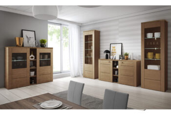 Nábytok LANA je nábytok moderného vzhľadu, ktorý Vám pomôže vytvoriť si domov, po ktorom túžite. Dokonalý dizajn mu dodávajú ostré hrany a farebné prevedenie dub riviera.Komoda LANA 46 prinesie Vášmu interiéru zaujímavý dizajn. Má dostatok úložného priestoru, v strede má tri poličky a po bokoch presklenné dvierka. Poslúži Vám na uloženie pohárov prípadne dizajnových alebo darčekových predmetov. Prinášame ju vo farbe dub riviera.Odporúčame dokúpiť podsvietenie LED na police, viď doporučenia. Komoda LANA Vám vytvorí príjemnú atmosféru počas rodinných večerov. Hodí sa do obývacích priestorov ale aj kancelárii.Komoda je vyrobená z kvalitnej LTD dosky, ktorá sa jednoducho udržiava. Má elegantné guľaté úchytky striebornej farby.Rozmery:- šírka: 155 cm,- výška: 130 cm,- hĺbka: 37 cm.Dodávame v demonte, pričom montáž je veľmi jednoduchá.