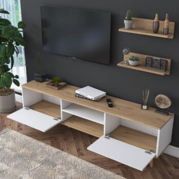 Obývacia stena LATINA – moderná elegancia a praktickosť pre vašu obývaciu izbuObývacia stena LATINA je perfektným riešením pre každú modernú obývaciu izbu. Kombinácia bielej farby a dekoru orecha dodáva interiéru sofistikovaný a útulný vzhľad. S praktickým usporiadaním ponúka dostatok priestoru pre multimediálne zariadenia aj dekorácie.Zostava obsahuje:TV stolík: rozmery 180 x 35 x 48,6 cm – priestranný a stabilný na umiestnenie televízie a multimediálnych zariadení.2 nástenné police: rozmery 60 x 15 x 15 cm – ideálne pre knihy, dekorácie alebo rastliny.Hlavné vlastnosti obývacej steny LATINA:Materiál: melamín a VT laminát – odolný a ľahko udržiavateľný povrch.Rozmery: 48,6 x 180 x 35 cm – kompaktný dizajn vhodný aj do menších priestorov.Farba: elegantná kombinácia bielej a orecha, ktorá oživí každý interiér.Hrúbka materiálu: 18 mm – zaisťuje pevnosť a stabilitu.Možnosť pripevnenia k stene pre vyššiu bezpečnosť a stabilitu.Dodávame v demontovanom stave s podrobným montážnym návodom.Obývacia stena LATINA je navrhnutá s dôrazom na estetiku a funkčnosť. Ponúka dostatok úložného priestoru aj miesta pre vaše obľúbené dekorácie, vďaka čomu bude vaša obývacia izba vždy organizovaná a štýlová.Dodajte svojmu domovu moderný vzhľad s obývacou stenou LATINA – dokonalá kombinácia štýlu a praktickosti!