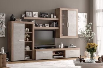LEANS je elegantná obývacia zostava v modernom dizajne, ktorá vďaka príjemným farebným kombináciám vytvára pocit rodinného tepla a útulnosti.Je vyrobená z kvalitnej LTD dosky, ktorá je nenáročná na udržiavanie.Farebné prevedenie dub tabaco-betón.Kúpou tejto obývacej zostavy získate bohatá priestor na uloženie pohárov, porcelánu, kníh, či iných drobností.Skladá sa z:televízny stolík: rozmery (ŠxVxH) 204 x 40 x 45 cmpolica : rozmery (ŠxVxH) 153 x 42 x 26 cmjednodverová vitrína : rozmery (ŠxVxH) 89 x 141 x 34 cmzávesná vitrína: rozmery (ŠxVxH) 89 x 118 x 34 cm.Obývacia stena sa dá zakúpiť iba ako zostava. Dodávame v demonte. 