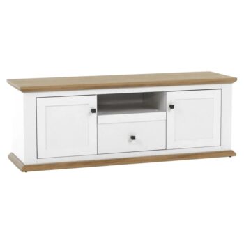 Na modernej vlne prichádza TV stolík LEON MZ15. Jeho rozmery sú (ŠxHxV): 150x40x55 cm. Zdobia ho skromné, ale elegantné kovové úchytky. Disponuje úložným priestorom v podobe dvoch skriniek, otvorenej police a zásuvky. Provensálsky sektorový nábytok LEON Vám pomôže zariadiť si domov funkčne…