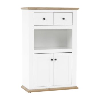 Na modernej vlne prichádza dvojdverová komoda so zásuvkami LEON MZ8. Jej rozmery sú (ŠxHxV): 85x40x130 cm. Zdobia ju skromné, ale elegantné kovové úchytky. Disponuje úložným priestorom v podobe dvoch zásuviek, dvojdverovej skrinky a otvoreného úložného priestoru. Provensálsky sektorový nábytok LEON…