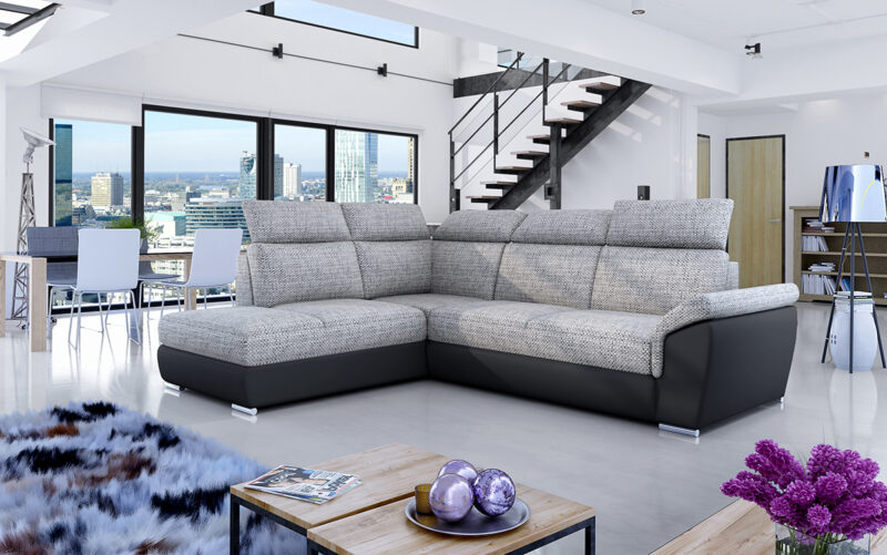 NABBI Leren L rohová sedačka s rozkladom a úložným priestorom sivá / čierna Rohová rozkladacia sedačka LEREN L so zaujímavým moderným dizajnom je vyrobená v prevedení tvaru písmena L. Disponuje nadčasovými a funkčnými prvkami ako sú nastaviteľné opierky hlavy, pochrómované nízke nožičky, praktický odkladací priestor, v ktorom jednoducho uložíte posteľnú bielizeň, vankúše…