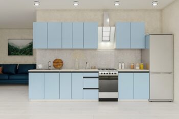Moderná kuchyňa LIANA, ktorá vás zaujme svojim praktickým a zároveň štýlovým prevedením. Je vhodná do moderných interiérov. Disponuje množstvom úložného priestoru.Výška horných skriniek: 72 cm. Hĺbka: 30/32 cm. Výška dolných skriniek: 82 cm. Hĺbka: 46 cm.Sokel nie je v cene zostavy.Rozmery zostavy (š,h): 260 x 48 cm.Kuchynské skrinky sú vyrobené z kvalitných LTD dosiek. Ich údržba je nenáročná. Korpus je v bielej farbe. Dvierka sú vo farbe surf blue. Majú integrované úchyty typu GOLA. Kuchynská zostava je zložená z týchto prvkov:dolná drezová skrina 80 cm, dolná skrinka 60 cm, dolná zásuvkovká skrinka 40 cm, dolná skrinka 80 cm, 2 x horná skrinka 80 cm, horná skrinka 60 cm, horná skrinka 40 cm.Drez a pracovnú dosku je potrebné dokúpiť, spotrebiče nie sú súčasťou kuchynskej linky. Kuchyňu je možné zakúpiť iba ako zostavu. Dodávame v demontovanom stave.