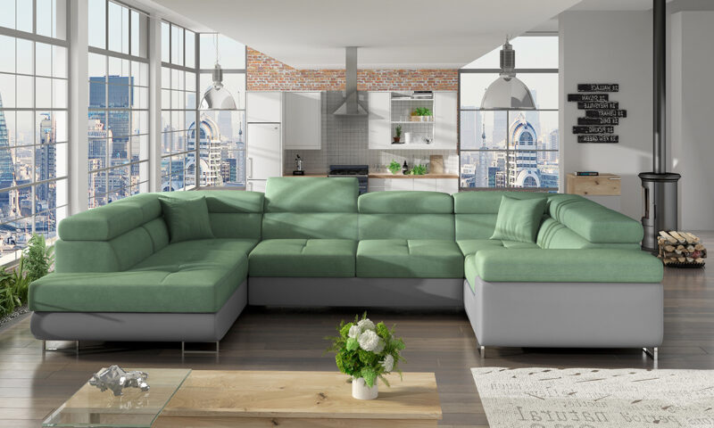 NABBI Licaro U P rohová sedačka u s rozkladom a úložným priestorom mentolová / sivá Celočalúnená, priestranná rohová sedačka LICARO U P je vhodná na umiestnenie do veľkých a vzdušných obývacích priestorov. Vďaka jej tvaru U, pružnosti a mäkkosti, ktorú zaručuje vysoko kvalitná pena T30 si môžete užívať rodinné leňošenie pri telke alebo pohodlne debatovať, či čítať obľúbenú knihu.…