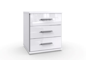 Elegantný nočný stolík so zásuvkami LORIANA doplní každý štýlový a moderný interiér.  Korpus je v nadčasovej bielej farbe, dvierka sú lakované vo vysokom lesku, čo ešte viac podčiarkuje jeho eleganciu. Či už ho využijete ako nočný stolík alebo ako komodu do spálne, bude určite ozdobou každého priestoru. Je vyrobený z kvalitenej LTD dosky, ktorá je nenáročná na udržiavanie. Rukoväte sú plastové v lesklej chrómovej farbe. Rozmery (ŠxVxH): 46 x 58 x 40 cm.Možno ho umiestniť samostatne, alebo aj ako doplnok k jedinečnej rohovej šatníkovej zostave, ktorá Vám poskytne maximálne využitie priestoru a súčasne pôsobí veľmi štýlovo.Dodávame v demonte.