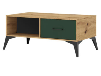 Konferenčný stolík Lugon LU8 v elegantnom prevedení dub artisan a tmavozelená je ideálnym doplnkom pre moderné interiéry. Tento štýlový kus nábytku od značky KONDELA ponúka nielen estetický vzhľad, ale aj praktickosť a funkčnosť.