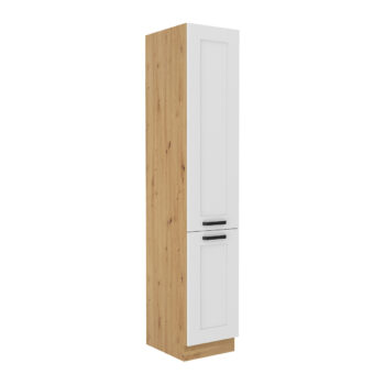 Potravinová skriňa Lula 40 DK-210 2F v elegantnom prevedení biela/dub artisan je ideálnym riešením pre moderné kuchyne a jedálne. Táto skriňa, ktorá patrí do kategórie kuchynského nábytku, ponúka praktické úložné priestory a štýlový dizajn, ktorý sa hodí do každého interiéru.