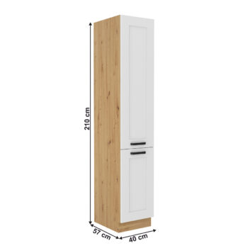 Potravinová skriňa Lula 40 DK-210 2F v elegantnom prevedení biela/dub artisan je ideálnym riešením pre moderné kuchyne a jedálne. Táto skriňa, ktorá patrí do kategórie kuchynského nábytku, ponúka praktické úložné priestory a štýlový dizajn, ktorý sa hodí do každého interiéru.