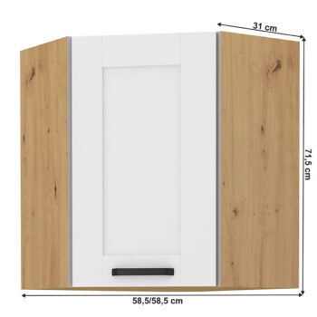 Predstavujeme vám hornú rohovú kuchynskú skrinku Lula 58x58 GN-72 1F, ktorá je ideálnym riešením pre moderné kuchyne. Táto skrinka v elegantnom prevedení biela/dub artisan kombinuje funkčnosť a štýl, čím dodáva vašej kuchyni svieži a sofistikovaný vzhľad.