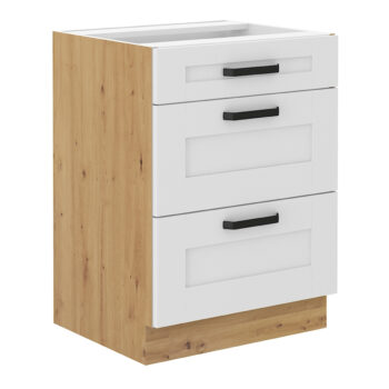 Predstavujeme vám dolnú kuchynskú skrinku Lula 60 D 3S BB, ktorá je ideálnym riešením pre moderné kuchyne. Táto skrinka v elegantnom prevedení biela/dub artisan kombinuje funkčnosť s estetickým vzhľadom, čím prispieva k útulnej atmosfére vášho domova.