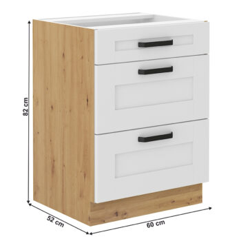 Predstavujeme vám dolnú kuchynskú skrinku Lula 60 D 3S BB, ktorá je ideálnym riešením pre moderné kuchyne. Táto skrinka v elegantnom prevedení biela/dub artisan kombinuje funkčnosť s estetickým vzhľadom, čím prispieva k útulnej atmosfére vášho domova.