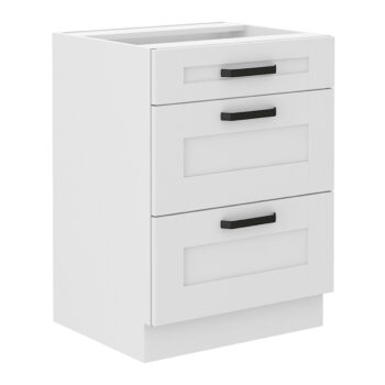 Dolná kuchynská skrinka Lula 60 D 3S BB v elegantnej bielej farbe je ideálnym riešením pre moderné kuchyne. Táto skrinka, vyrobená z kvalitného laminovaného DTD materiálu, ponúka nielen estetický vzhľad, ale aj praktickosť a odolnosť voči každodennému používaniu.