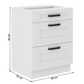 Dolná kuchynská skrinka Lula 60 D 3S BB v elegantnej bielej farbe je ideálnym riešením pre moderné kuchyne. Táto skrinka, vyrobená z kvalitného laminovaného DTD materiálu, ponúka nielen estetický vzhľad, ale aj praktickosť a odolnosť voči každodennému používaniu.