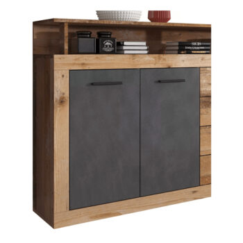 Štvordverová komoda so zásuvkami Lunysa v elegantnom prevedení dub tmavý a grafit je ideálnym riešením pre moderné interiéry. Táto komoda, ktorá patrí do kategórie klasických zásuvkových komôd, ponúka praktické úložné priestory s tromi zásuvkami a štyrmi dverami. Vďaka svojmu…