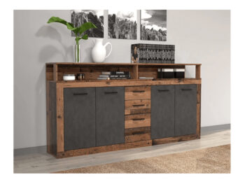 Štvordverová komoda so zásuvkami Lunysa v elegantnom prevedení dub tmavý a grafit je ideálnym riešením pre moderné interiéry. Táto komoda, ktorá patrí do kategórie klasických zásuvkových komôd, ponúka praktické úložné priestory s tromi zásuvkami a štyrmi dverami. Vďaka svojmu…