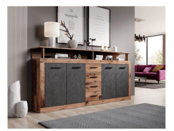 Štvordverová komoda so zásuvkami Lunysa v elegantnom prevedení dub tmavý a grafit je ideálnym riešením pre moderné interiéry. Táto komoda, ktorá patrí do kategórie klasických zásuvkových komôd, ponúka praktické úložné priestory s tromi zásuvkami a štyrmi dverami. Vďaka svojmu…