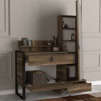 LUST - Elegantný toaletný stolík pre vašu spálňuHľadáte štýlový a praktický toaletný stolík, ktorý dodá vašej spálni nádych elegancie? Predstavujeme vám LUST, ideálne riešenie pre každú modernú spálňu.Typ tovaru: Toaletný stolíkVhodné do miestnosti: SpálňaMateriál: LTD, kov a skloRozmer: 124 x 62 x 40 cmFarba: OrechFunkcie: Úložný priestorVybavenie: Skrinka, 1 zásuvka, zrkadloHrúbka materiálu: 18 mmDodatočné informácie: Dodávame v demonteToaletný stolík LUST je vyrobený z kvalitného LTD materiálu s hrúbkou 18 mm, doplneného kovovými a sklenenými prvkami, čo zaisťuje jeho dlhú životnosť a odolnosť. Elegantná orechová farba prinesie do vašej spálne moderný a sofistikovaný vzhľad.Stolík ponúka dostatok úložného priestoru vďaka skrinke, jednej zásuvke a praktickému zrkadlu, ktoré je súčasťou vybavenia. S rozmermi 124 x 62 x 40 cm poskytuje dostatok miesta na vaše potreby.Tento toaletný stolík je ideálnou voľbou pre každého, kto hľadá spojenie funkčnosti a elegancie. Dodávame ho v demonte, takže si môžete užiť radosť z jeho zostavenia.Objednajte si LUST ešte dnes a obohaťte svoju spálňu o štýlový a praktický nábytok!