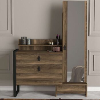 LUST - Elegantný toaletný stolík pre vašu spálňuHľadáte štýlový a praktický toaletný stolík, ktorý dodá vašej spálni nádych elegancie? Predstavujeme vám LUST, ideálne riešenie pre každú modernú spálňu.Typ tovaru: Toaletný stolíkVhodné do miestnosti: SpálňaMateriál: LTD, kov a skloRozmer: 124 x 62 x 40 cmFarba: OrechFunkcie: Úložný priestorVybavenie: Skrinka, 1 zásuvka, zrkadloHrúbka materiálu: 18 mmDodatočné informácie: Dodávame v demonteToaletný stolík LUST je vyrobený z kvalitného LTD materiálu s hrúbkou 18 mm, doplneného kovovými a sklenenými prvkami, čo zaisťuje jeho dlhú životnosť a odolnosť. Elegantná orechová farba prinesie do vašej spálne moderný a sofistikovaný vzhľad.Stolík ponúka dostatok úložného priestoru vďaka skrinke, jednej zásuvke a praktickému zrkadlu, ktoré je súčasťou vybavenia. S rozmermi 124 x 62 x 40 cm poskytuje dostatok miesta na vaše potreby.Tento toaletný stolík je ideálnou voľbou pre každého, kto hľadá spojenie funkčnosti a elegancie. Dodávame ho v demonte, takže si môžete užiť radosť z jeho zostavenia.Objednajte si LUST ešte dnes a obohaťte svoju spálňu o štýlový a praktický nábytok!